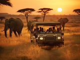 Safari vehicle carrying travellers across a warm golden landscape