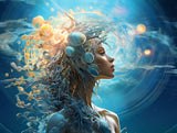 Woman in profile with closed eyes amid cyan, teal and golden forms