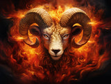 Front-facing ram with curled horns in fiery orange, red and gold