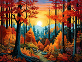 Autumn forest with vivid red and orange foliage framing a sunlit winding path