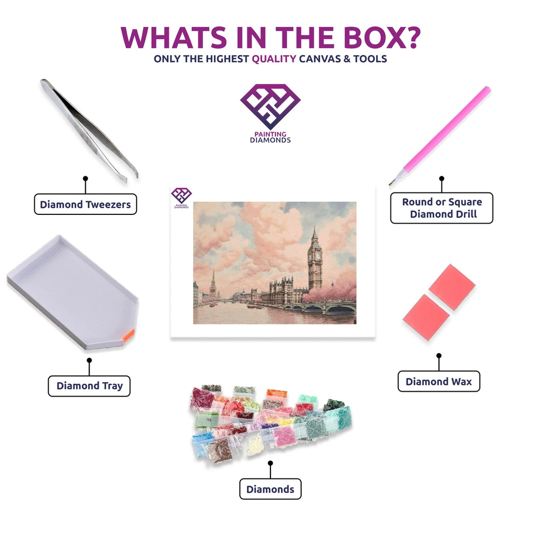 Big Ben Pastels diamond painting canvas with tweezers, applicator pen, tray, wax and coloured drills