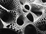 Black-and-white abstract mesh with delicate white latticework around deep, rounded openings