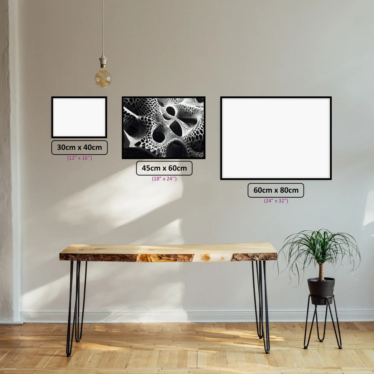 Black and White Depth diamond painting displayed in a room setting