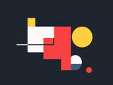 Red and white geometric blocks with yellow circles on a deep navy background