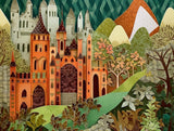 Castle with pointed towers and arched openings in green, orange, teal tones in a decorative fantasy-style landscape