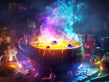Glowing magical cauldron in navy, cyan, purple and pink light