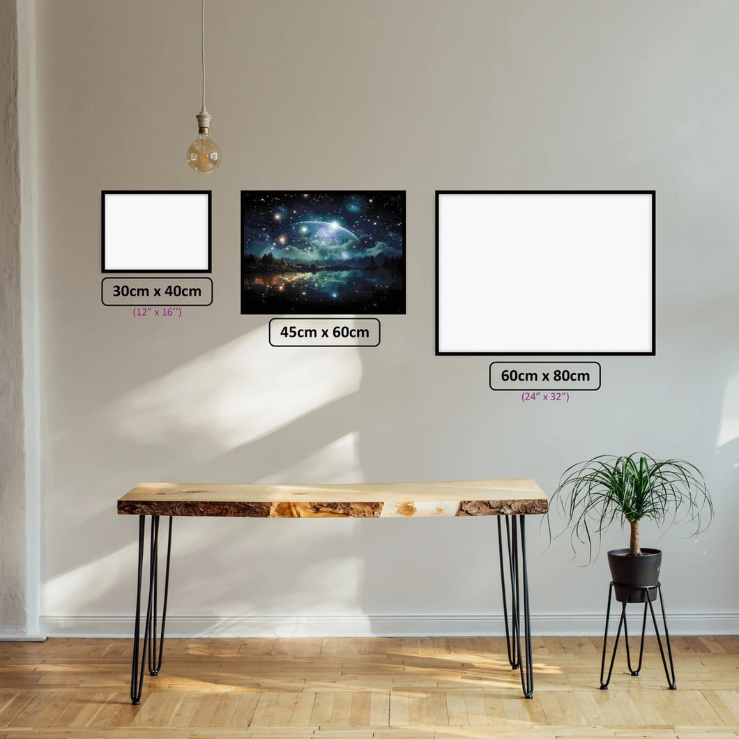 Celestial Starry Night diamond painting displayed in a room setting