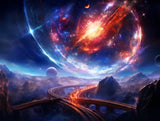 Luminous celestial sphere with swirling blue, orange and white light
