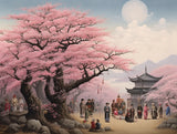 Large pink flowering tree above people gathered beneath spreading branches