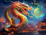 Coiling golden dragon with open jaws against deep blue and turquoise