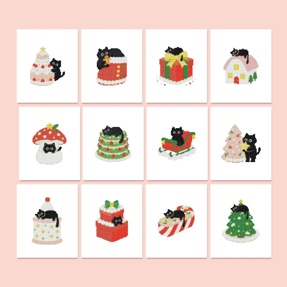 Christmas Black Cats Mini Diamond Painting Set – 12 Pack