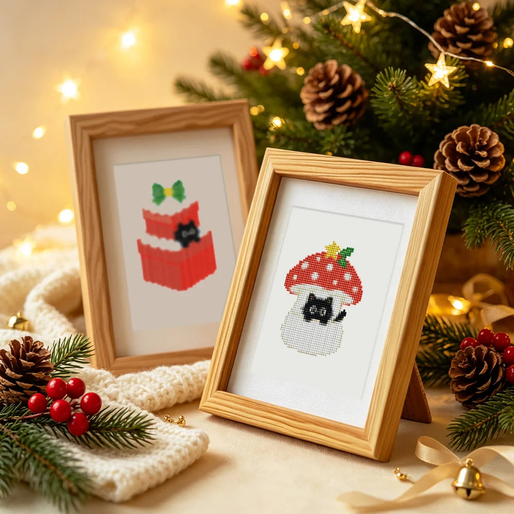 Completed Christmas Black Cats mini diamond painting shown as framed decor
