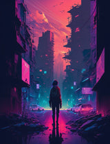 Lone figure overlooking a dark city lit with magenta and hot pink