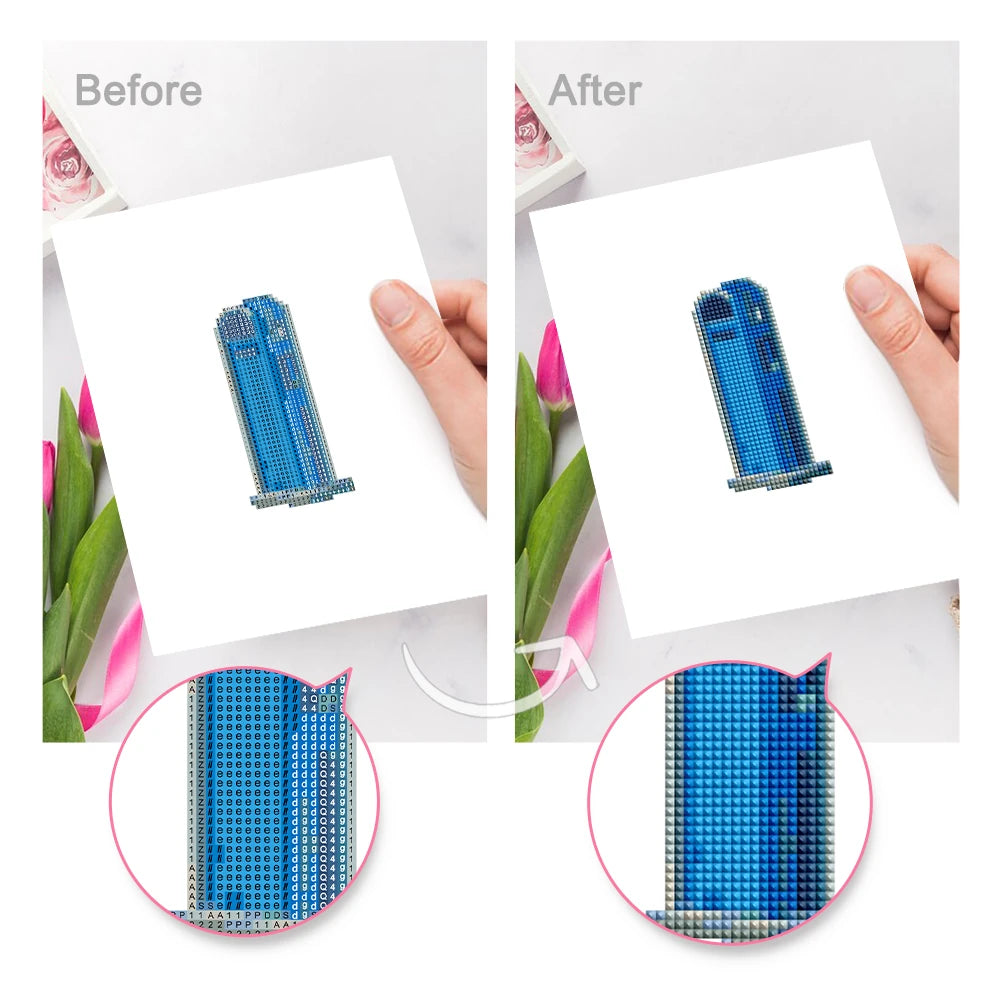 Before and after view of a City Street Icons mini diamond painting design