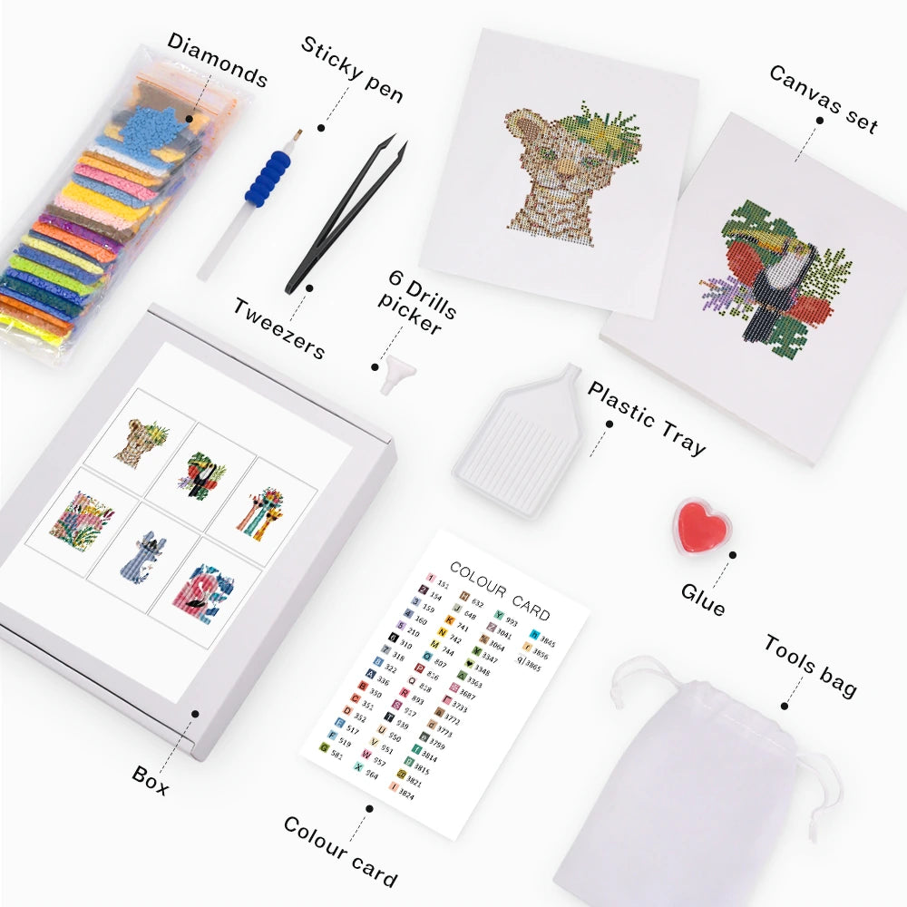 Colourful Animal Friends Mini Diamond Painting Set – 6 Pack