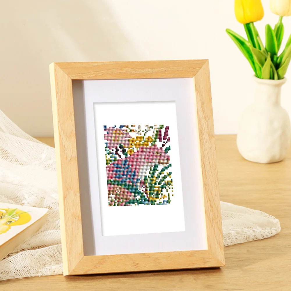 Colourful Animal Friends mini diamond painting design displayed in a decorative room setting