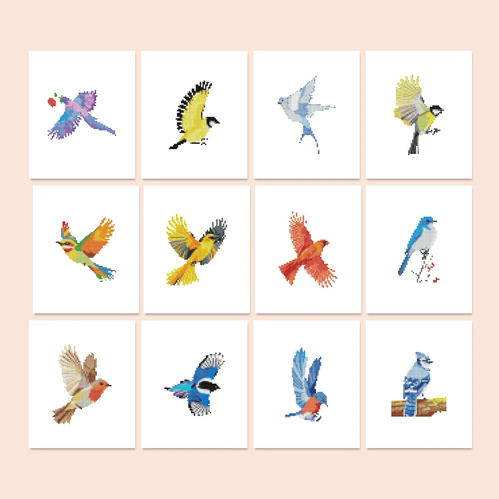 Colourful Birds Mini Diamond Painting Set – 12 Pack
