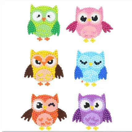 Colourful owls diamond painting sticker kit with bright owl sticker designs for kids