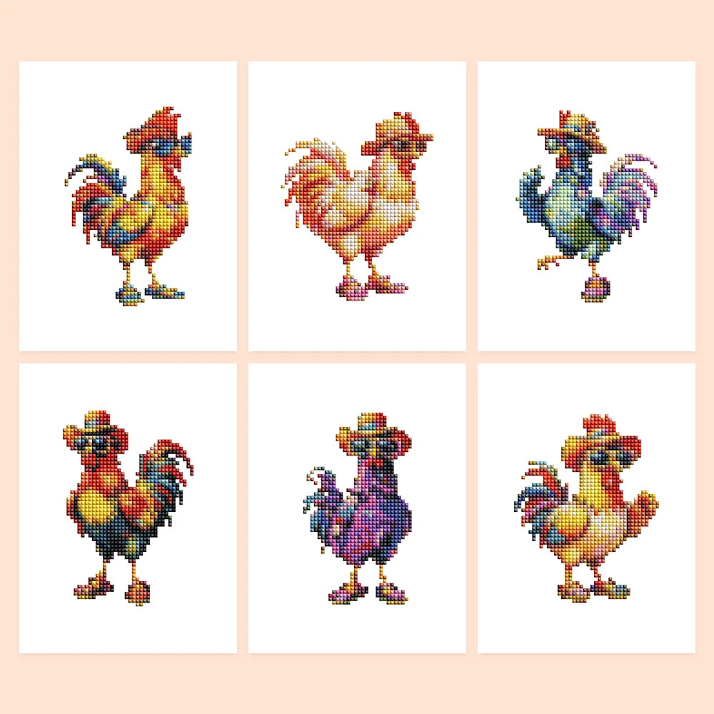 Colourful Roosters Mini Diamond Painting Set – 6 Pack