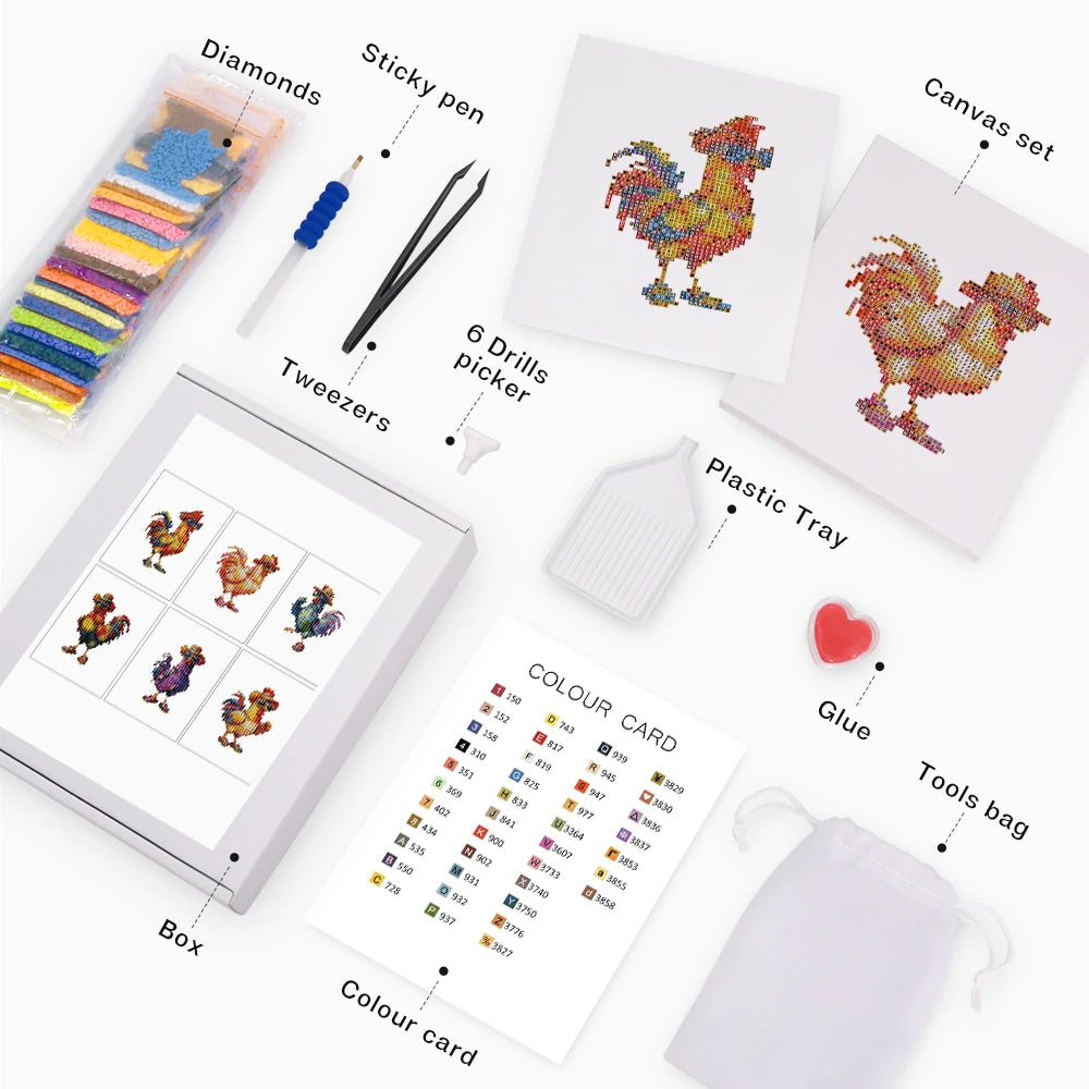Colourful Roosters Mini Diamond Painting Set – 6 Pack