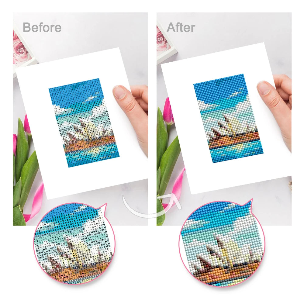 Before and after view of a Colourful Travel Postcards mini diamond painting design