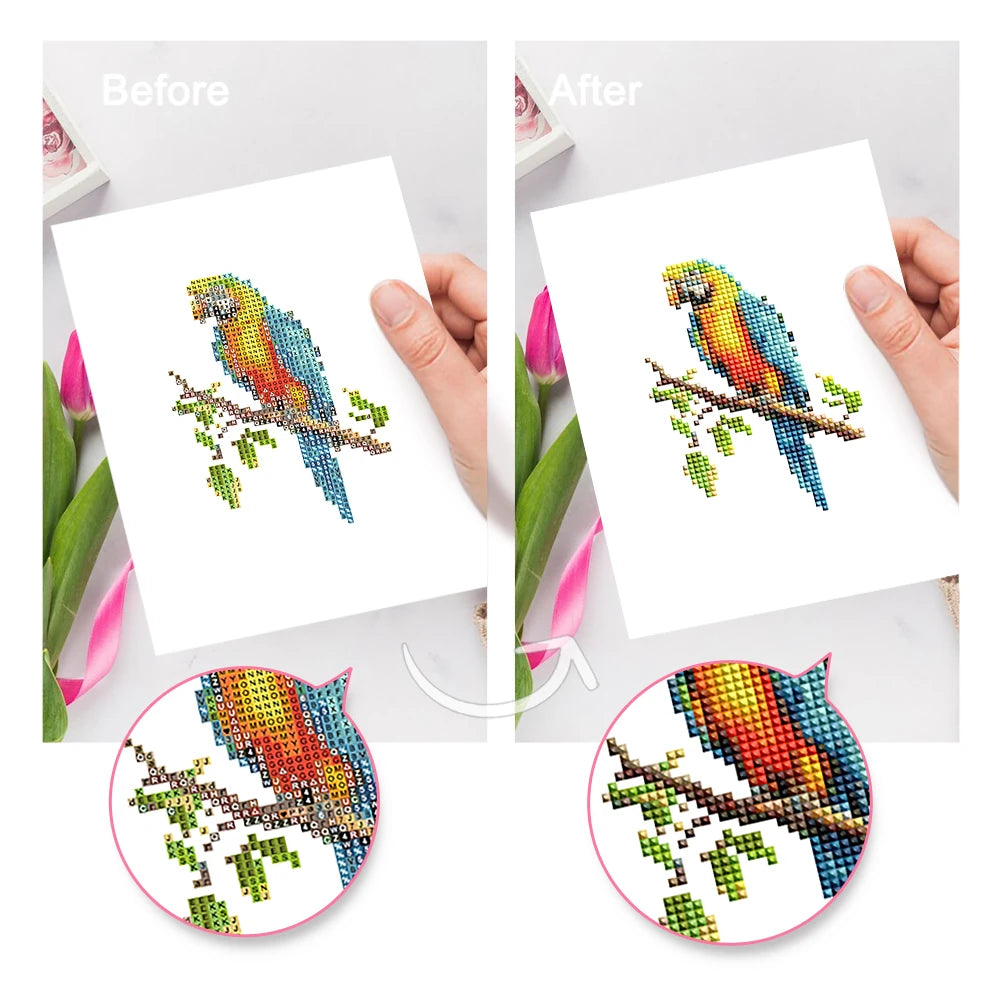 Before and after view of a Colourful Woodland Wildlife mini diamond painting design