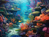 Colourful fish swimming among orange, purple and green coral in turquoise water