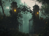 Open ornate gates between tall pillars in dark green and amber light