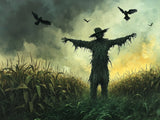 Dark scarecrow with outstretched arms amid green and grey shadows