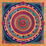 Ornamental mandala with orange, teal, pink and navy decorative bands