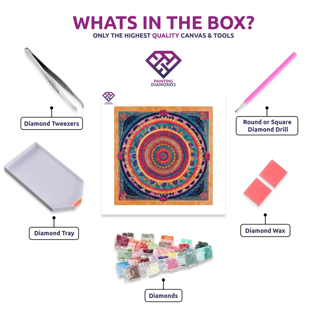 Cultural Mandala Fusion diamond painting kit with canvas, drills, tray, pen and wax