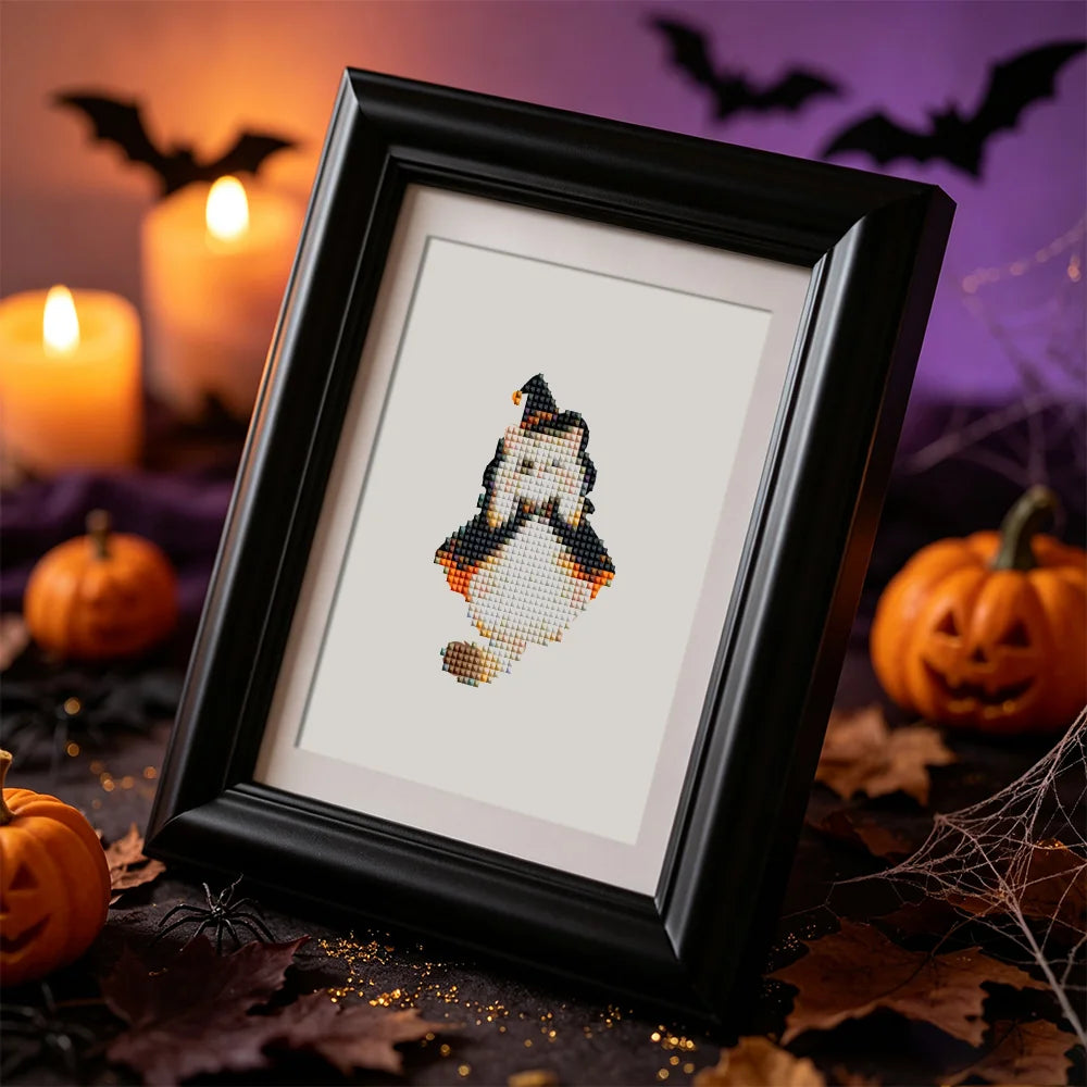 Framed Cute Halloween Pets mini diamond painting artwork displayed in a styled setting