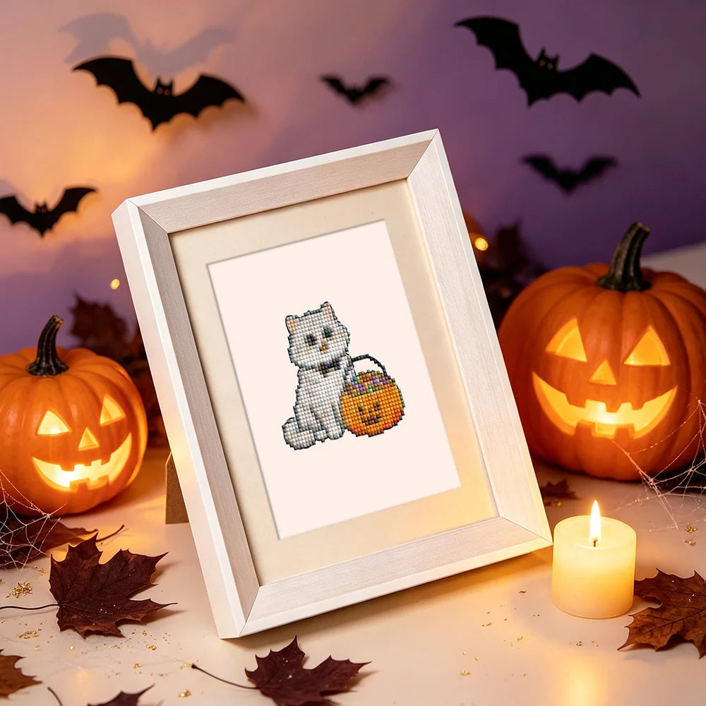 Framed Cute Halloween Pets mini diamond painting artwork presented as finished decor