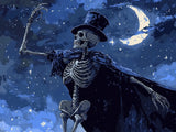 Skeleton in a tall black hat raising one arm against a dark blue scene