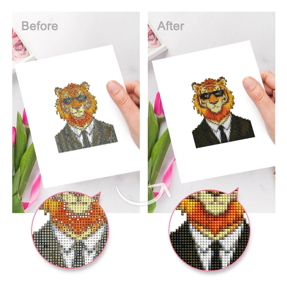 Before and after view of a Dapper Animal Gentlemen mini diamond painting design