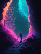 Figure with a large backpack walking along a dark cyan and magenta path