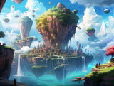 Floating rocky island with green landscape and settlement above turquoise water and clouds