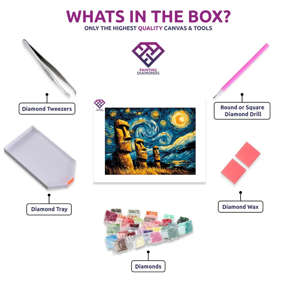 Easter Island Legends diamond painting kit contents shown together