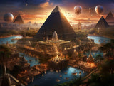 Dark pyramid behind an ornate complex illuminated in orange and gold