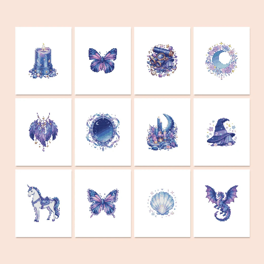 Enchanted Blue Fantasy Mini Diamond Painting Set – 12 Pack