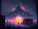 Mysterious circus tent glowing orange and yellow through a dark purple nighttime mist