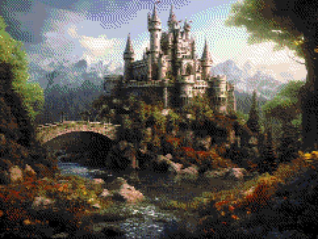 Enchanting Hilltop Castle artwork shown as a completed diamond painting preview