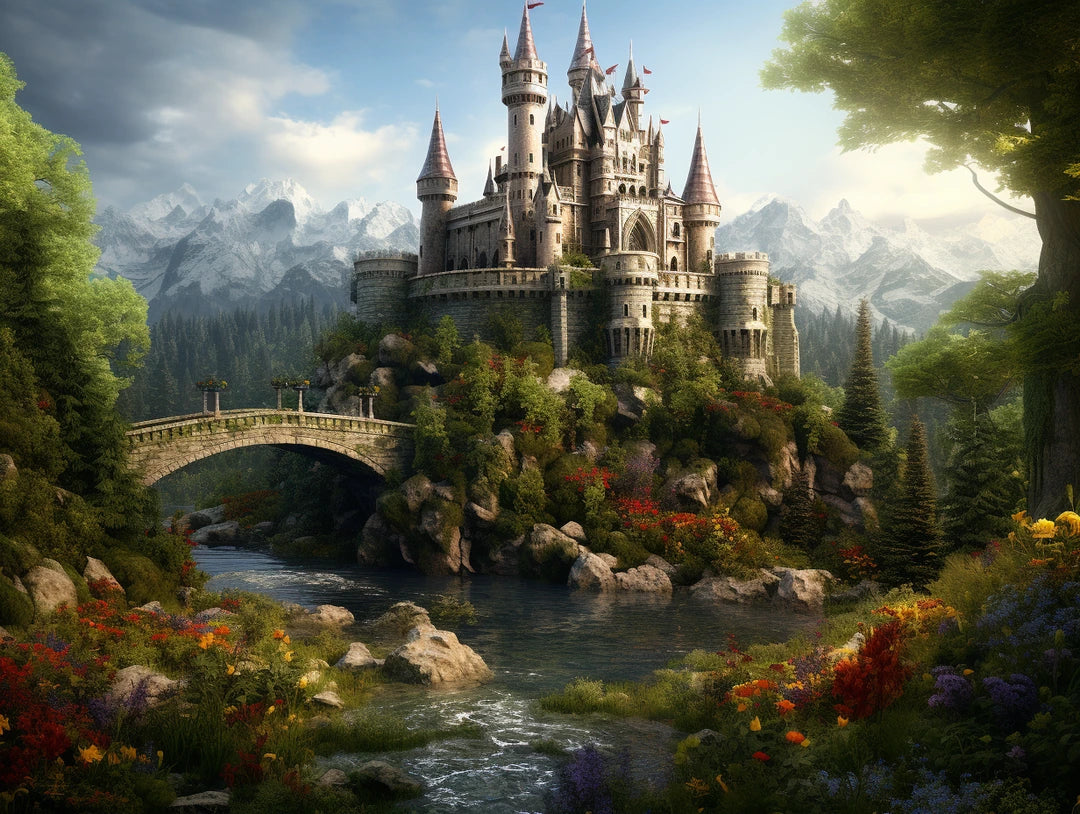 Ornate stone castle with pointed towers surrounded by green landscape