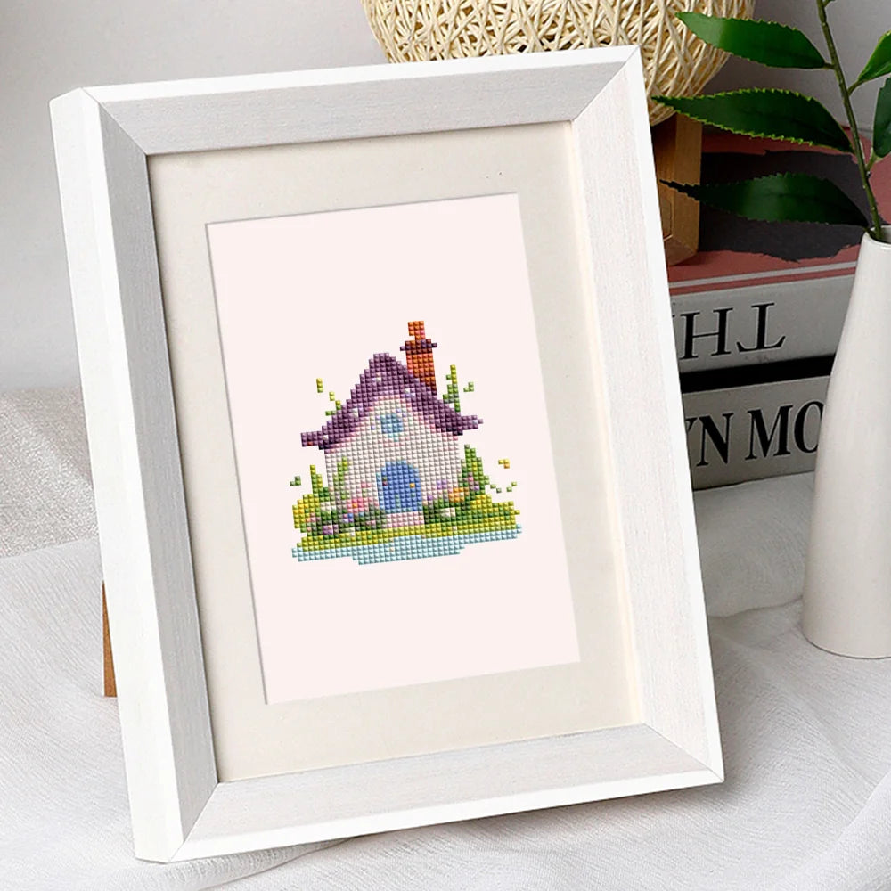 Fairy Garden Cottages mini diamond painting design displayed in a decorative room setting