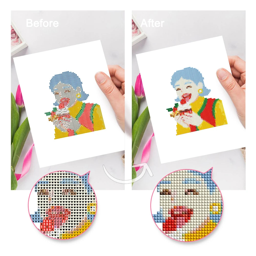 Before and after view of a Festive Christmas Characters mini diamond painting design