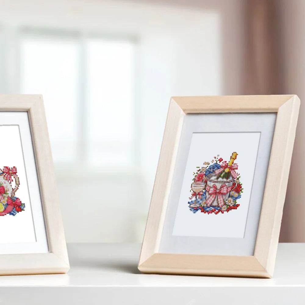 Framed Festive Ornaments & Gifts mini diamond painting artwork displayed in a styled setting