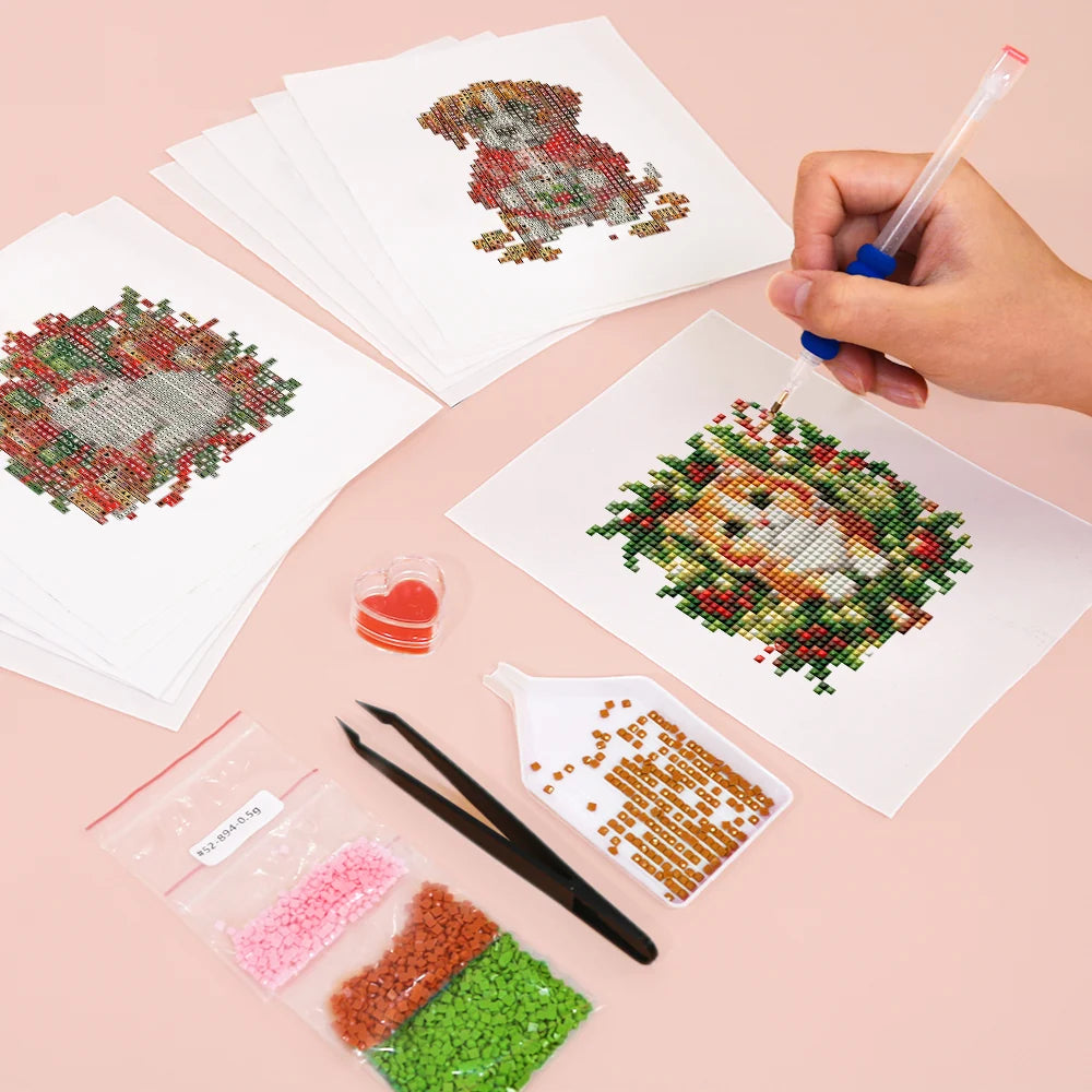 Working on several Festive Woodland Friends mini diamond painting designs with drills and applicator