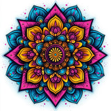 Colourful floral mandala with magenta, cyan, orange and yellow petals outlined in dark navy