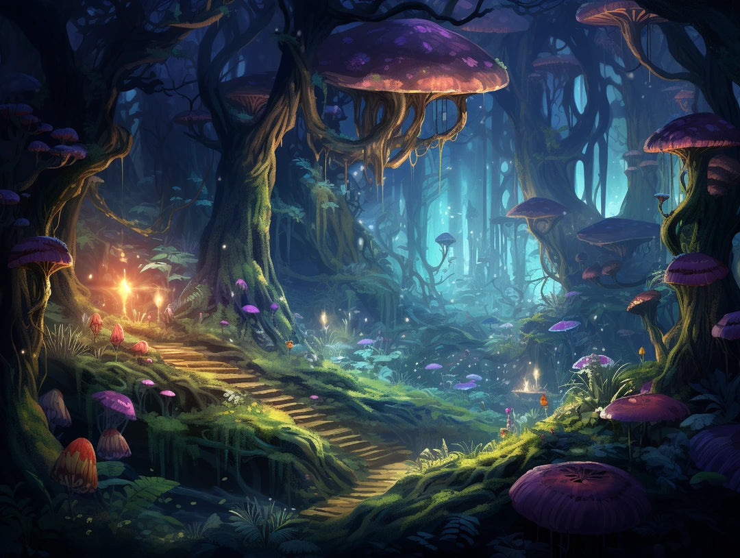 Oversized mushrooms filling a dark teal, green and purple fantasy forest