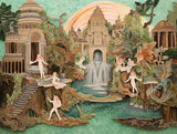 Waterfall among ornate buildings, dense green foliage and pale figures